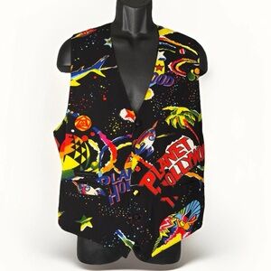 Vintage Planet Hollywood Vest L/XL 5 Button All Print Graphic Rare Retro Uniform